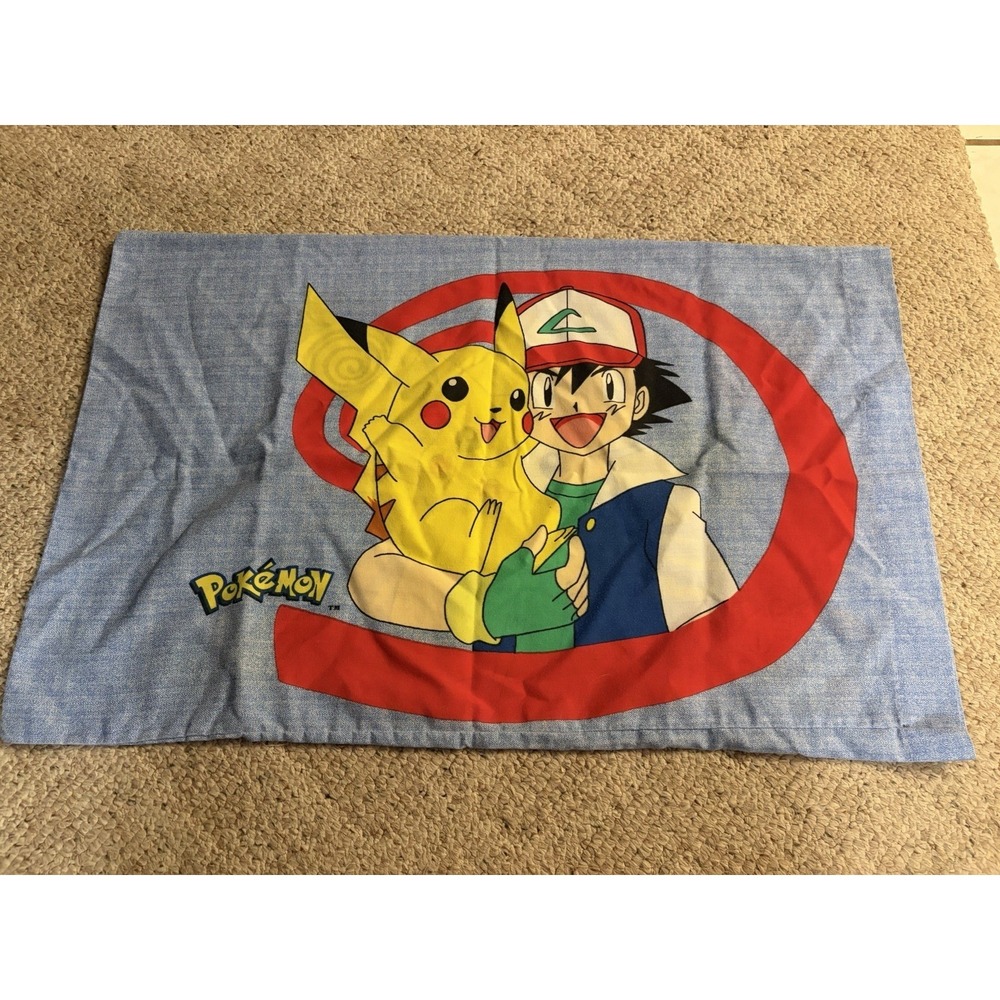 Vtg 1998 Pokemon Pikachu Ash Squirtle Meowth Clefair Pillow Case Double Sided